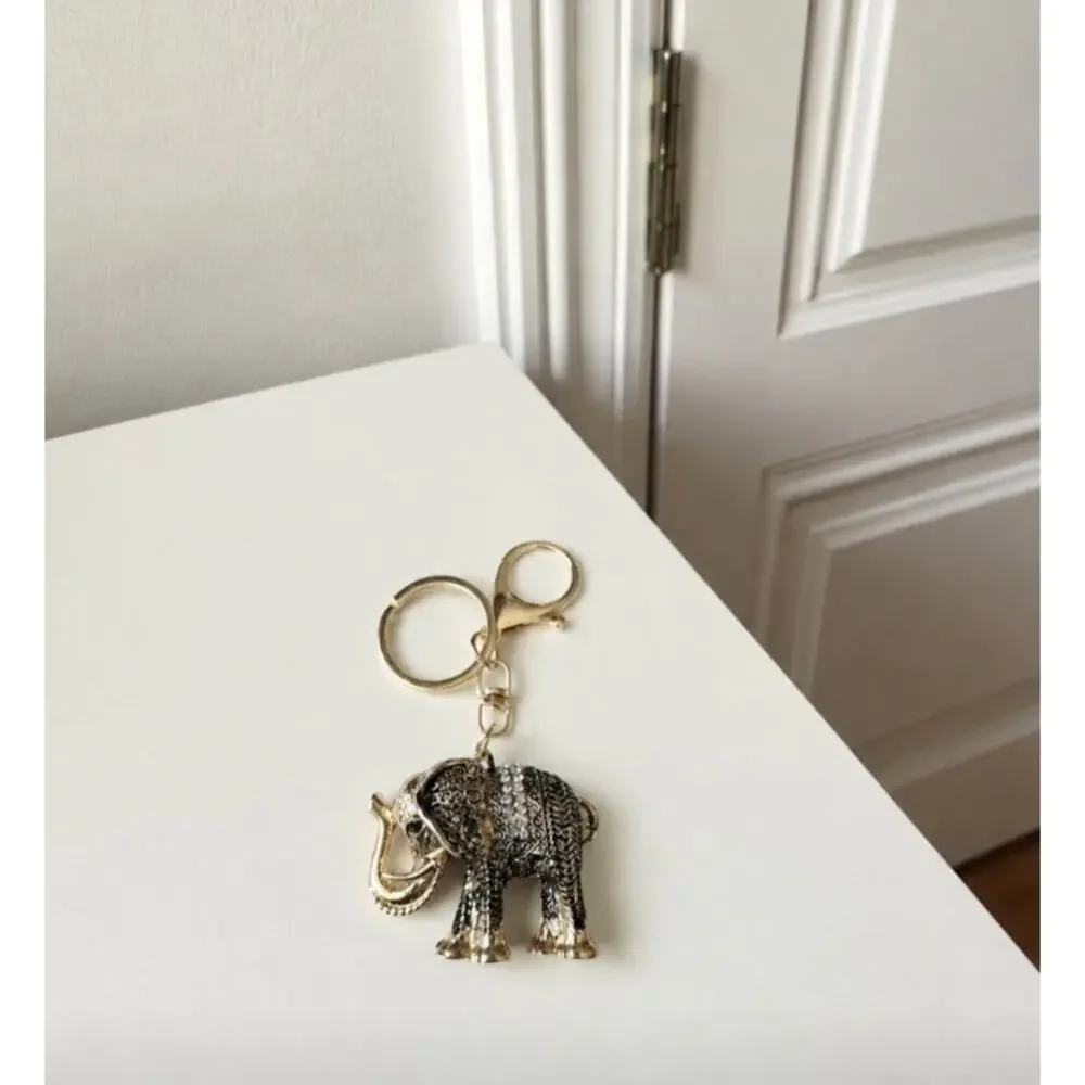 Gold Antique Rhinestone Elephant Bag Charm Key Chain